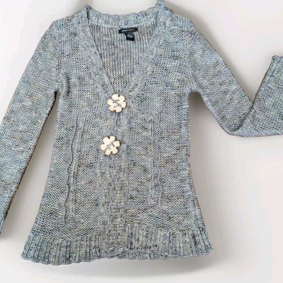 BCBG Maxazria Women's Med 2-Big Floral Button Green Loose Knit Cardigan Acrylic - Picture 1 of 16